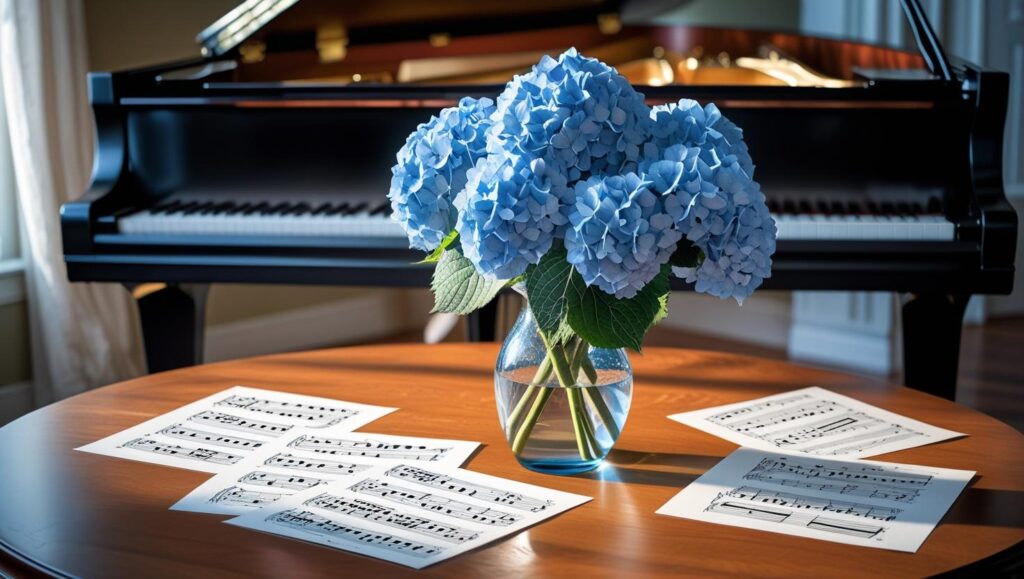 A serene room with a grand piano in the background. A vase of blue hydrangeas sits on a table with scattered sheet music, evoking a calm and creative ambiance.