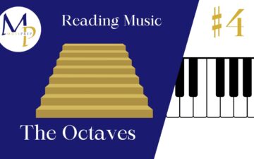 Alt text: "Graphic of a keyboard section with steps leading upwards, symbolizing music theory. Text reads 'Reading Music: The Octaves #4.' MusePrep logo top left."