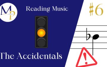 Blue and white split background, left shows traffic light with amber light and "Reading Music: The Accidentals"; right shows musical note, flat symbol, and warning sign.