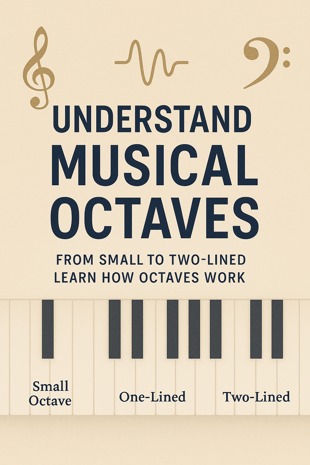 Image with musical symbols and piano keys titled "Understand Musical Octaves". Describes octave types: small, one-lined, two-lined. Educational tone.