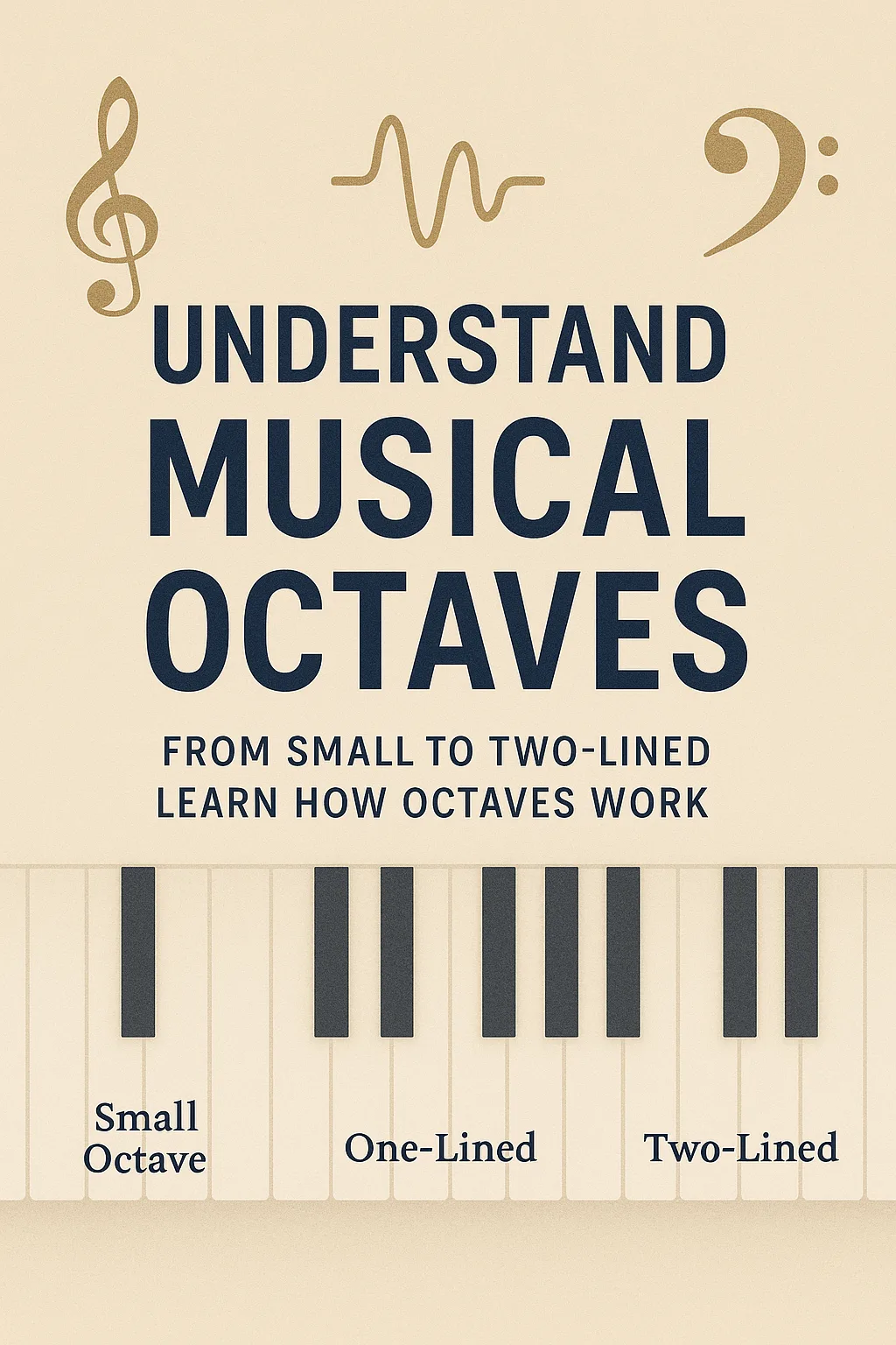 Image with musical symbols and piano keys titled "Understand Musical Octaves". Describes octave types: small, one-lined, two-lined. Educational tone.