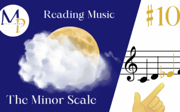 Alt text: "Music learning banner featuring a full moon and clouds with the text 'Reading Music: The Minor Scale.' Includes a musical staff, notes, and a pointing finger illustration beside the number '#10,' set against a blue and white background."