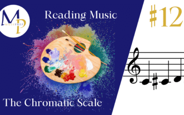 Alt text: "Music-themed graphic with a vibrant paint palette and staff lines. Text reads 'Reading Music: The Chromatic Scale #12'. Creative and artistic tone."