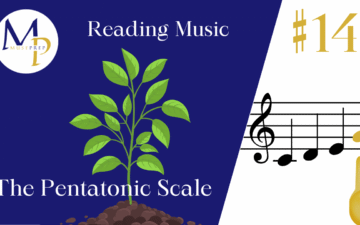 Alt text: "Music-themed image. Left: A green plant on soil with text 'Reading Music' and 'The Pentatonic Scale.' Right: Music notes on a staff with number 14 and a finger pointing."