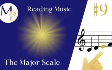 Blue and white background with text "Reading Music: The Major Scale" and "#9." A treble clef and notes on a staff. A finger points at an orange note.