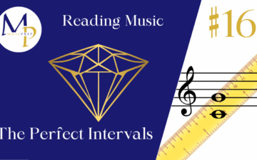A blue and white graphic titled "Reading Music: The Perfect Intervals." Features a gold geometric diamond, musical notes, a ruler, and the number 16.
