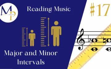 Alt text: "Graphic cover for 'Reading Music' lesson on Major and Minor Intervals. Features ruler icons, music staff, and notes, with a blue and white background."