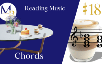 A music-themed image featuring a table with flowers, cake, and coffee on the left. On the right, a music staff overlays a cappuccino. Text: "Reading Music: Chords #18."