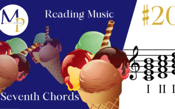 Illustration of ice cream cones on a purple background with music notes. Text: "Reading Music #20, Seventh Chords." Logo in the corner. Playful tone.