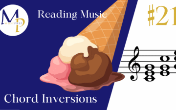 Three scoops of ice cream in a waffle cone illustrate chord inversions next to musical notation. The image is branded "Music Prep #21."