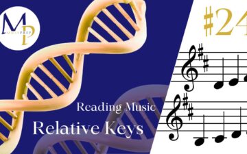 Alt text: A stylized DNA strand on a dark blue background with "Reading Music" and "Relative Keys" written in white. On the right, sheet music and "#24" in gold. Mood: educational and scientific.