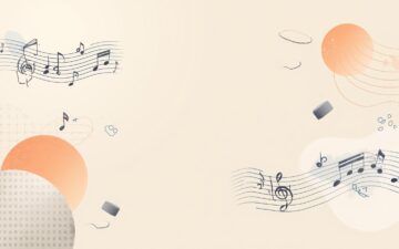 Abstract background featuring musical notes on staves flowing across a beige canvas. Circular orange shapes add contrast, creating a serene, artistic vibe.