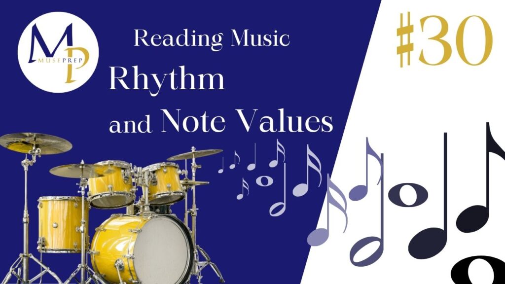 Yellow drum set against a blue and white background with the text "Reading Music: Rhythm and Note Values" and large number "30." Music notes are scattered around.