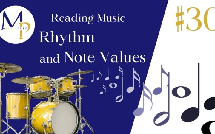 Yellow drum set against a blue and white background with the text "Reading Music: Rhythm and Note Values" and large number "30." Music notes are scattered around.